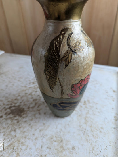 Vintage Indian Brass Enamel Vase with Dragonfly Motif
