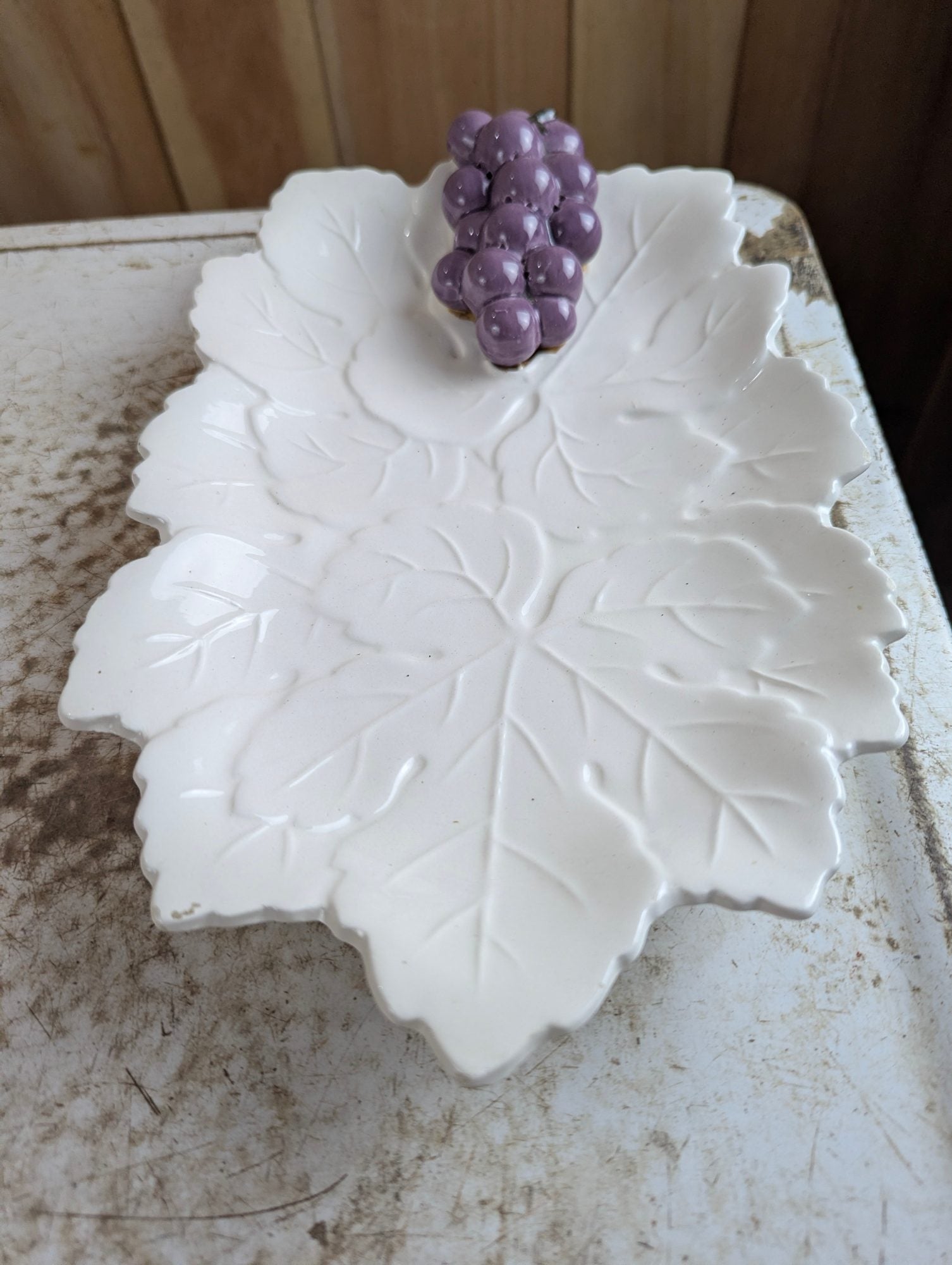 Vintage White Ceramic Grape Leaf Serving Dish