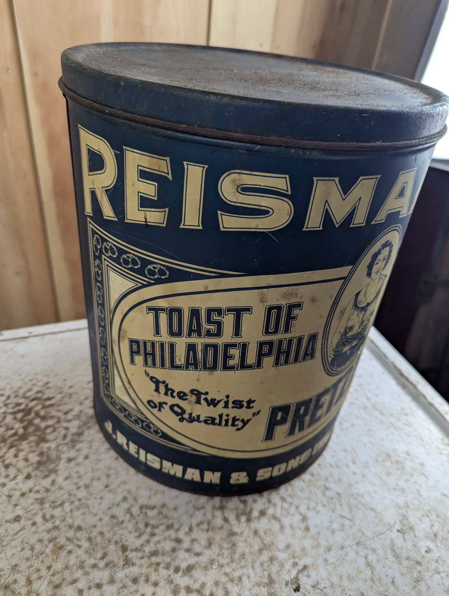 Vintage 12" Tall Reisman's Pretzels Tin