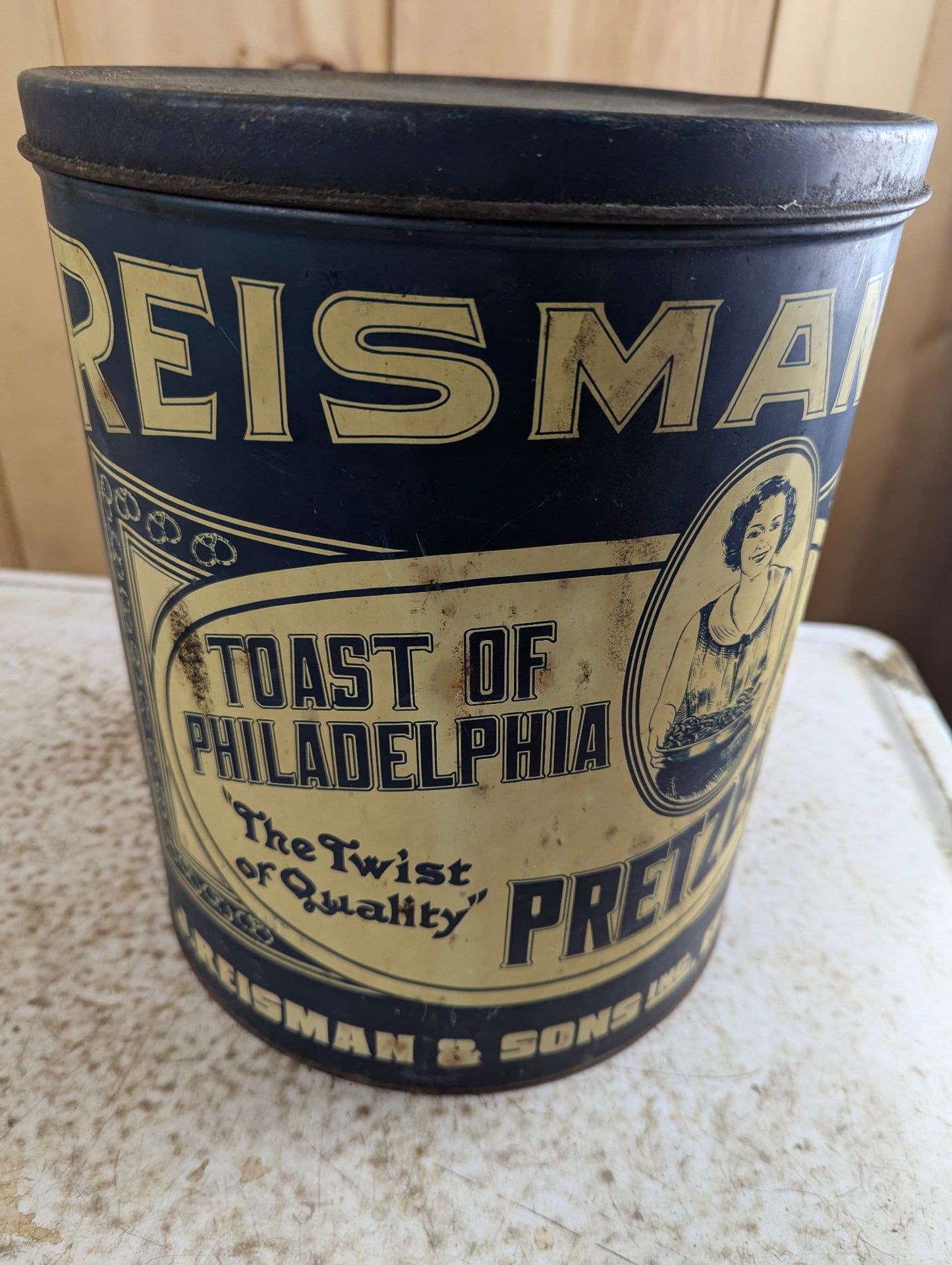 Vintage 12" Tall Reisman's Pretzels Tin