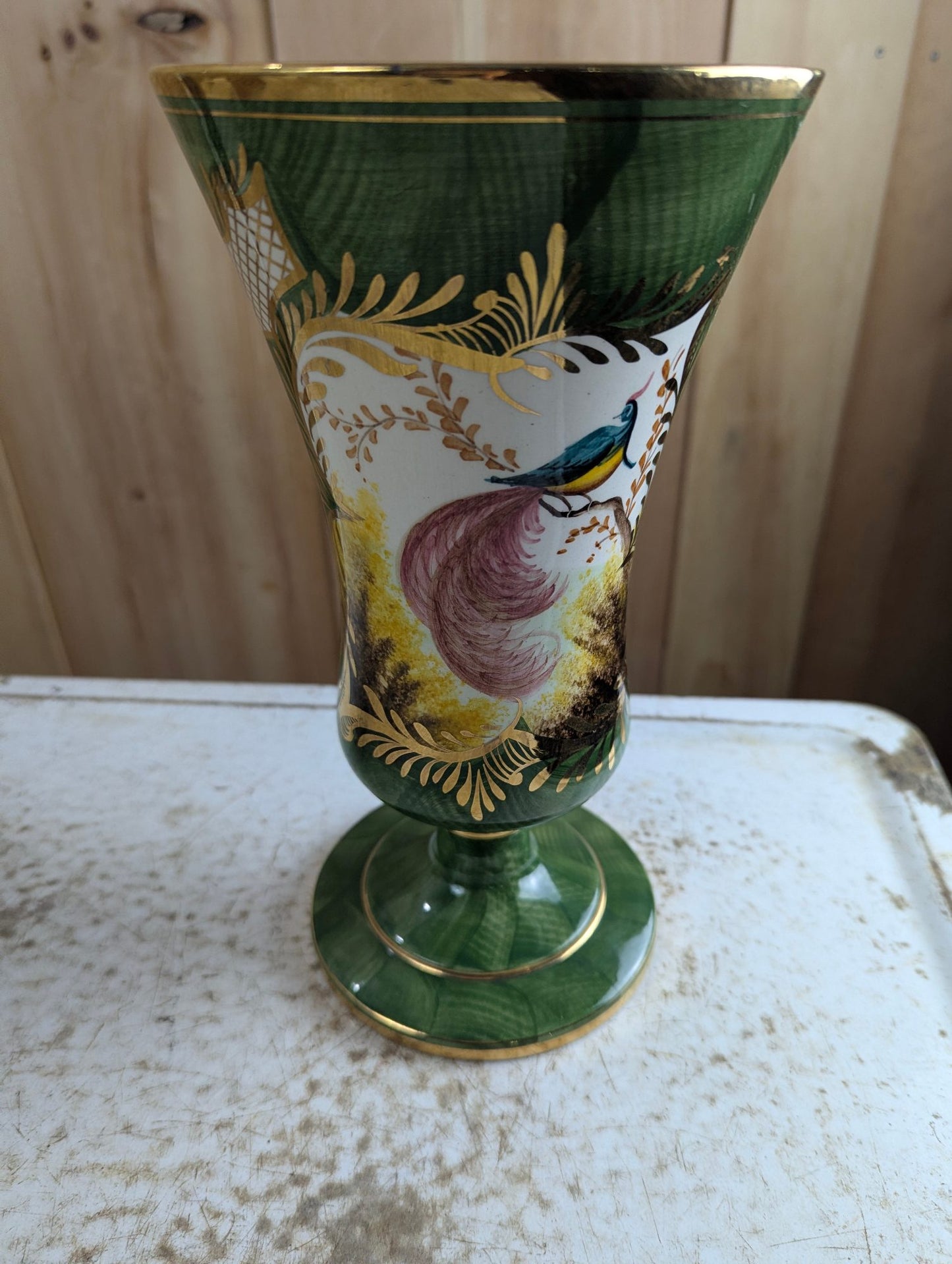 Vintage  Hand-painted 11" Green Pedestal Vase with Bird Motif
