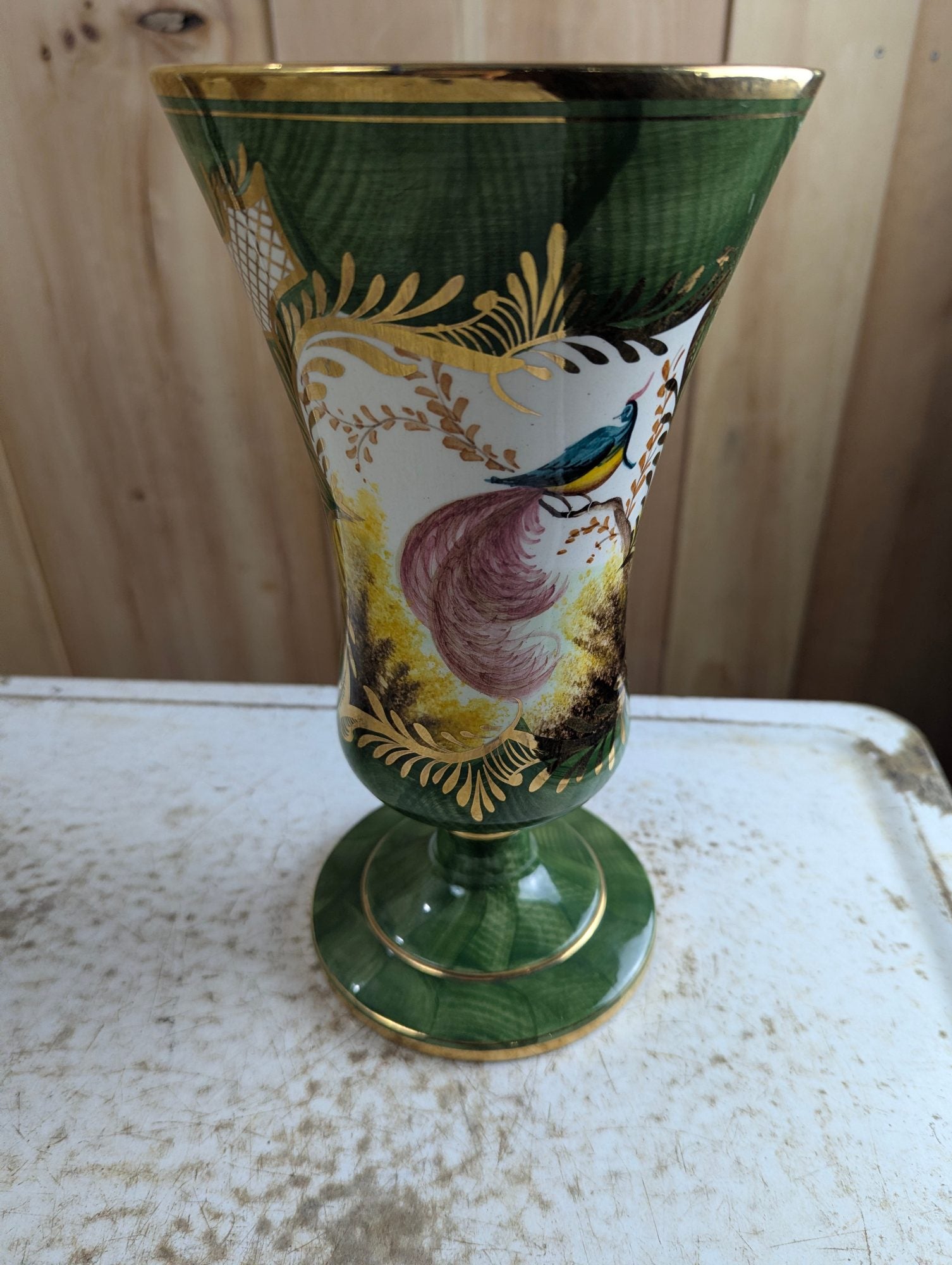Vintage  Hand-painted 11" Green Pedestal Vase with Bird Motif