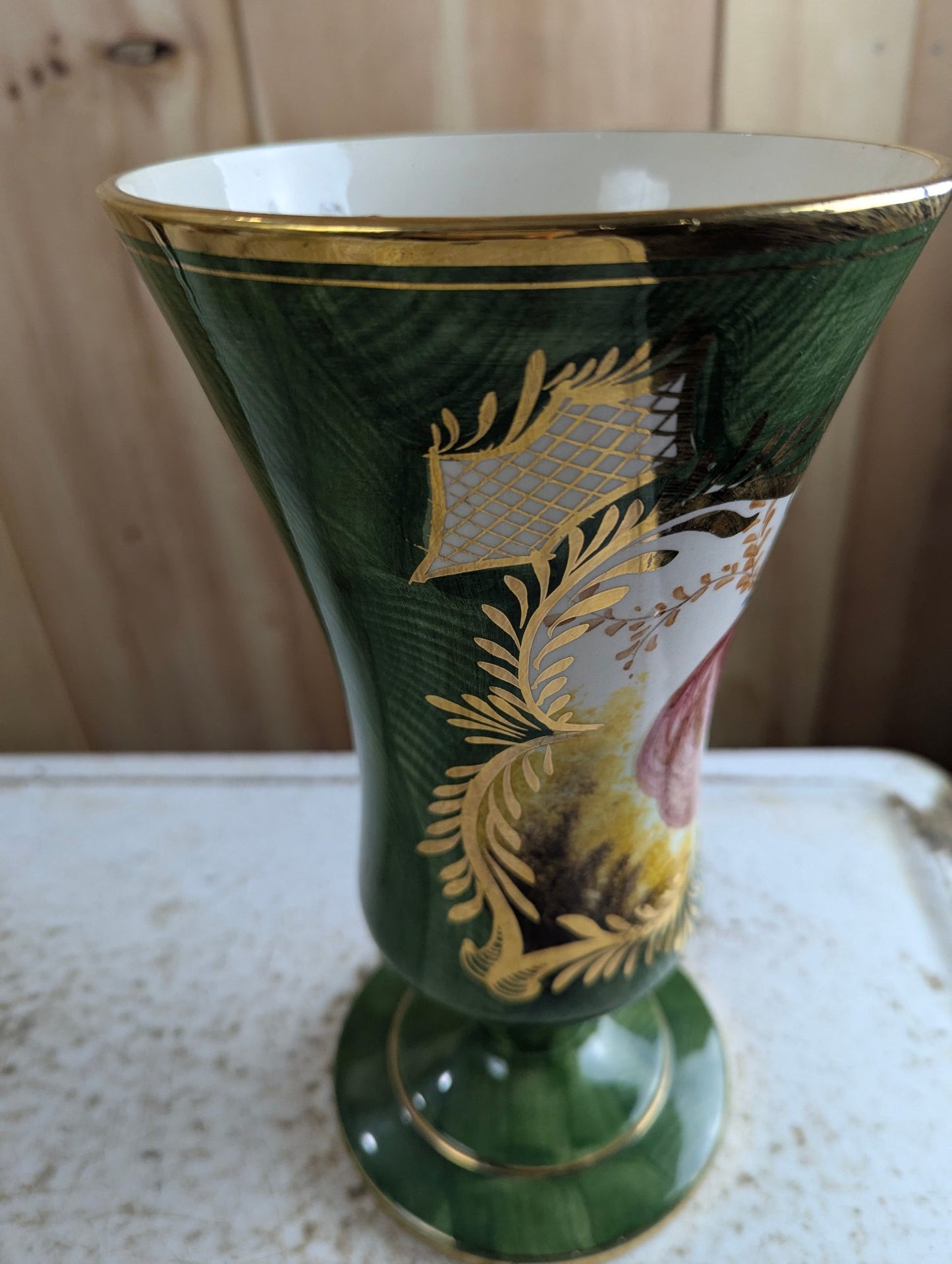 Vintage  Hand-painted 11" Green Pedestal Vase with Bird Motif
