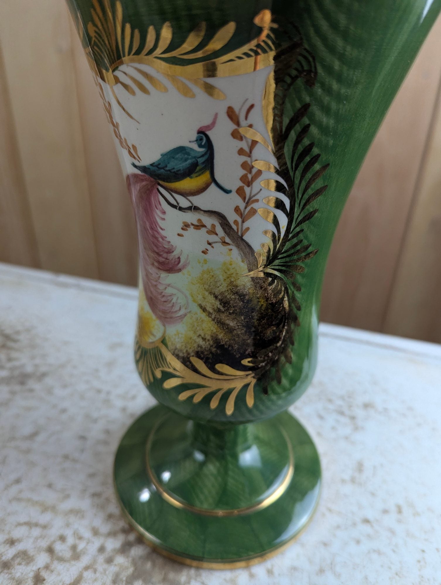 Vintage  Hand-painted 11" Green Pedestal Vase with Bird Motif