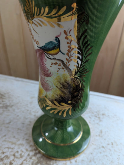 Vintage  Hand-painted 11" Green Pedestal Vase with Bird Motif
