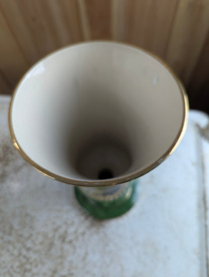 Vintage  Hand-painted 11" Green Pedestal Vase with Bird Motif