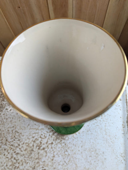 Vintage  Hand-painted 11" Green Pedestal Vase with Bird Motif