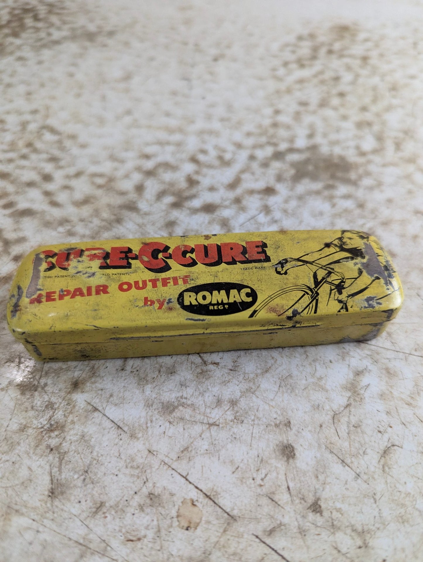 Vintage Romac Cure-C-Cure Bicycle Tire Puncture Repair Kit Tin