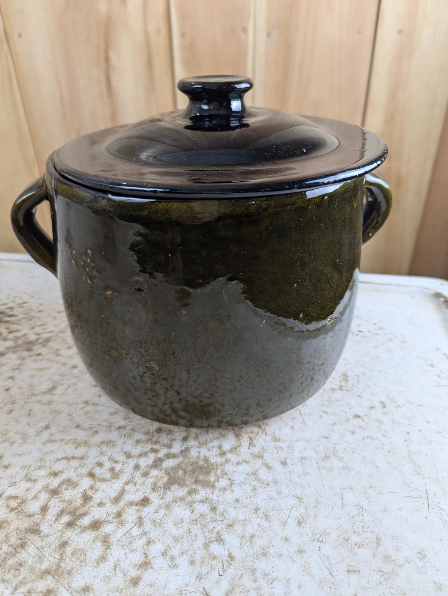 Vintage Handmade Studio Pottery Olive Green Salt Glazed Ceramic Pot with Lid and Handles