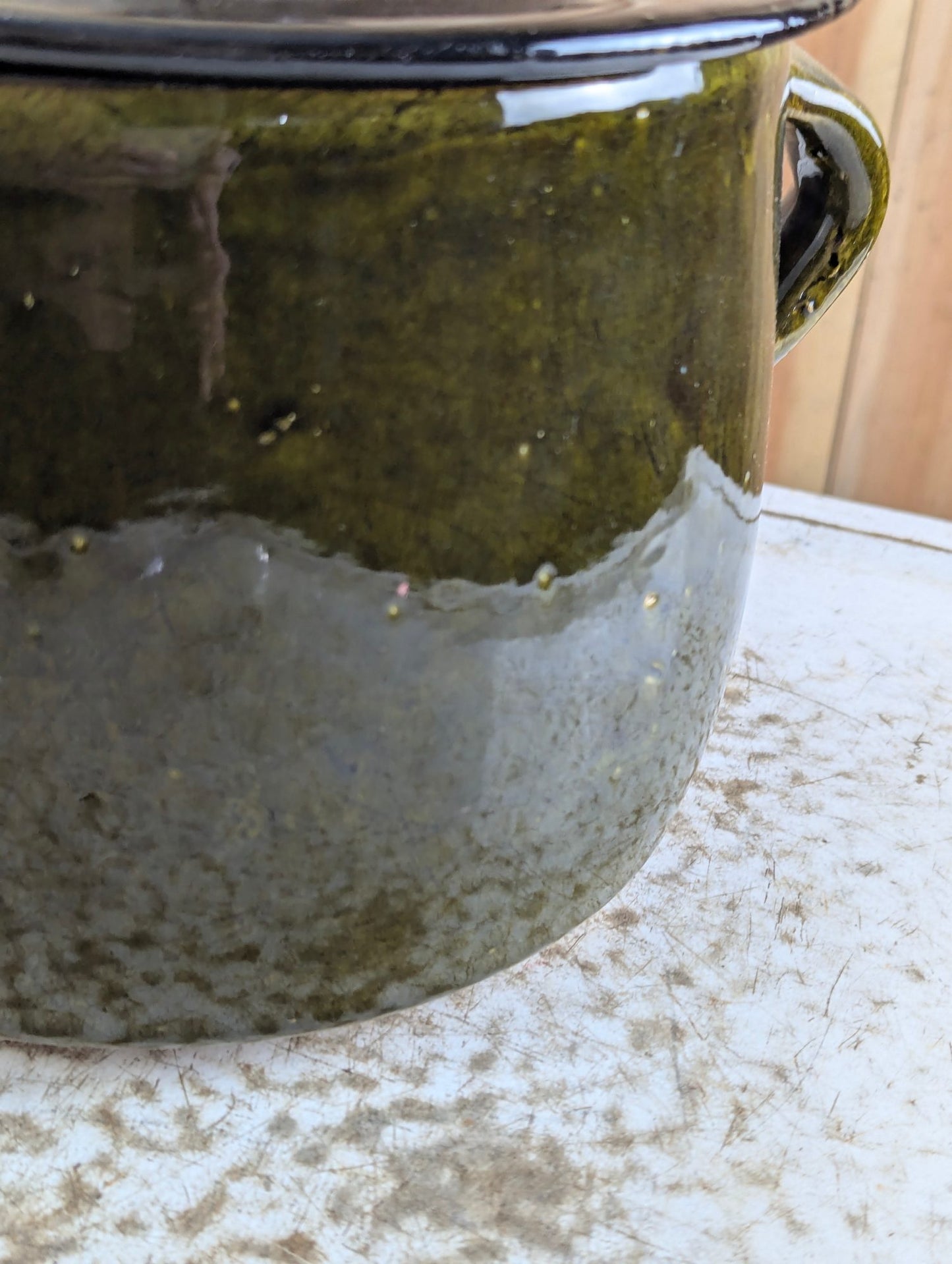 Vintage Handmade Studio Pottery Olive Green Salt Glazed Ceramic Pot with Lid and Handles