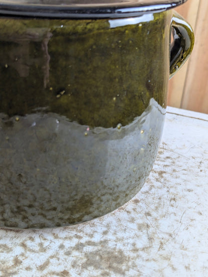 Vintage Handmade Studio Pottery Olive Green Salt Glazed Ceramic Pot with Lid and Handles
