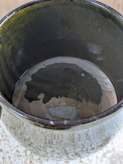 Vintage Handmade Studio Pottery Olive Green Salt Glazed Ceramic Pot with Lid and Handles