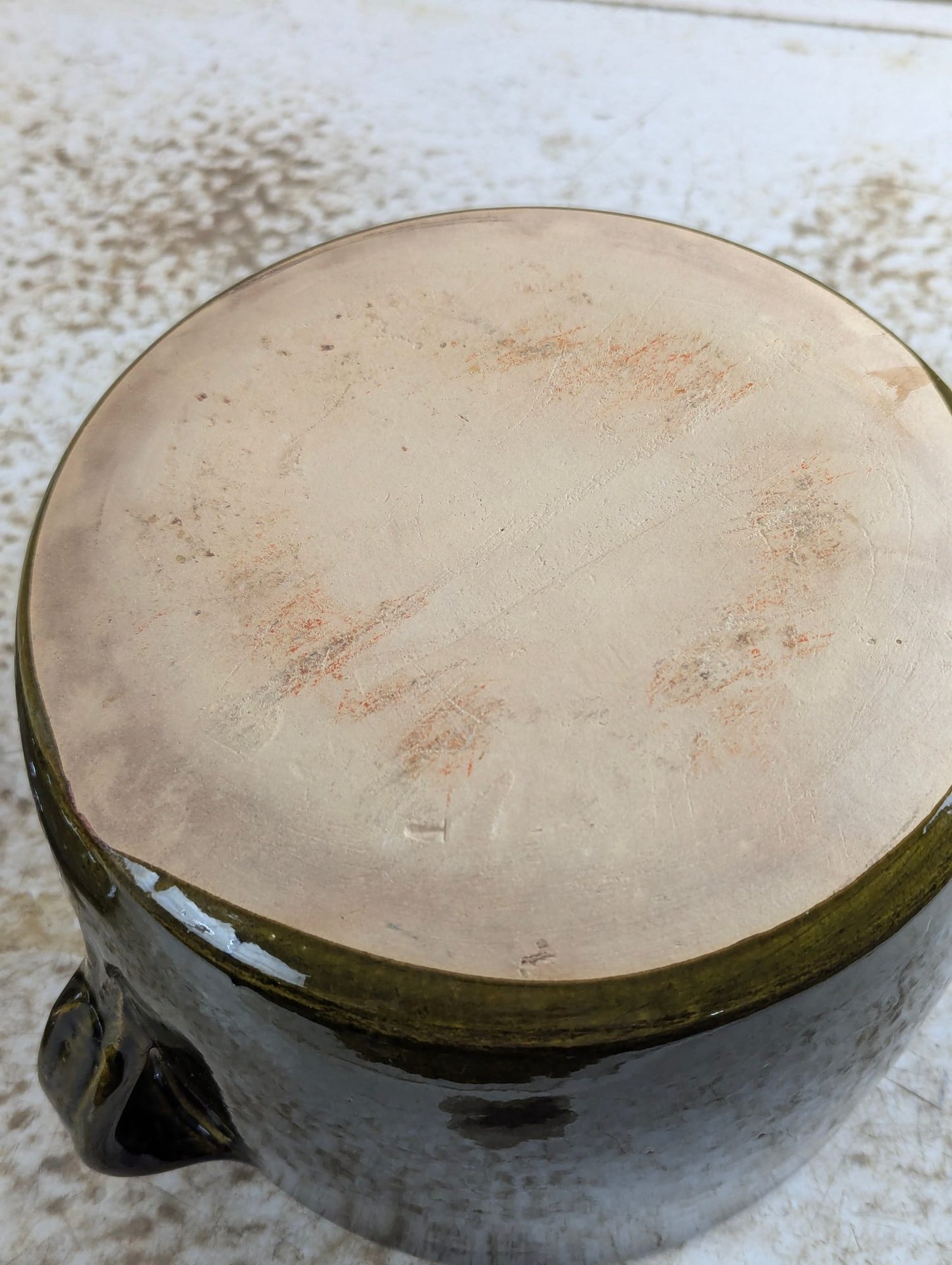 Vintage Handmade Studio Pottery Olive Green Salt Glazed Ceramic Pot with Lid and Handles
