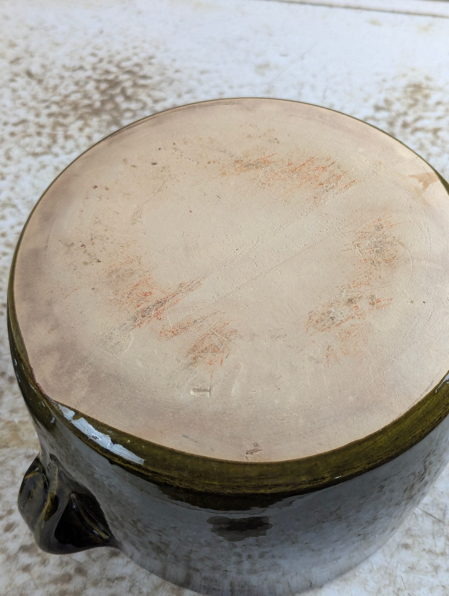 Vintage Handmade Studio Pottery Olive Green Salt Glazed Ceramic Pot with Lid and Handles