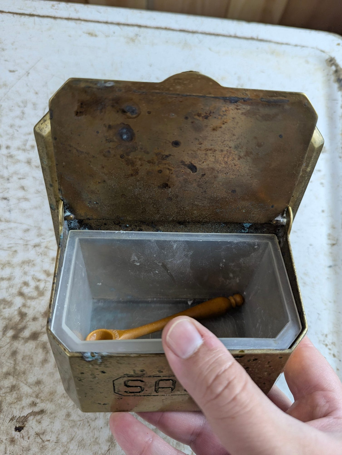 Vintage Wall-Mounted Brass Salt Box Container