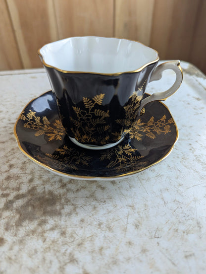 Vintage Black and Gold Court Royal Bone China Teacup and Saucer Set