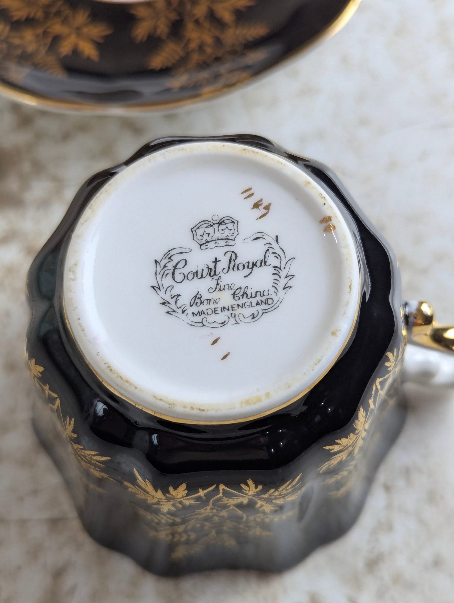 Vintage Black and Gold Court Royal Bone China Teacup and Saucer Set