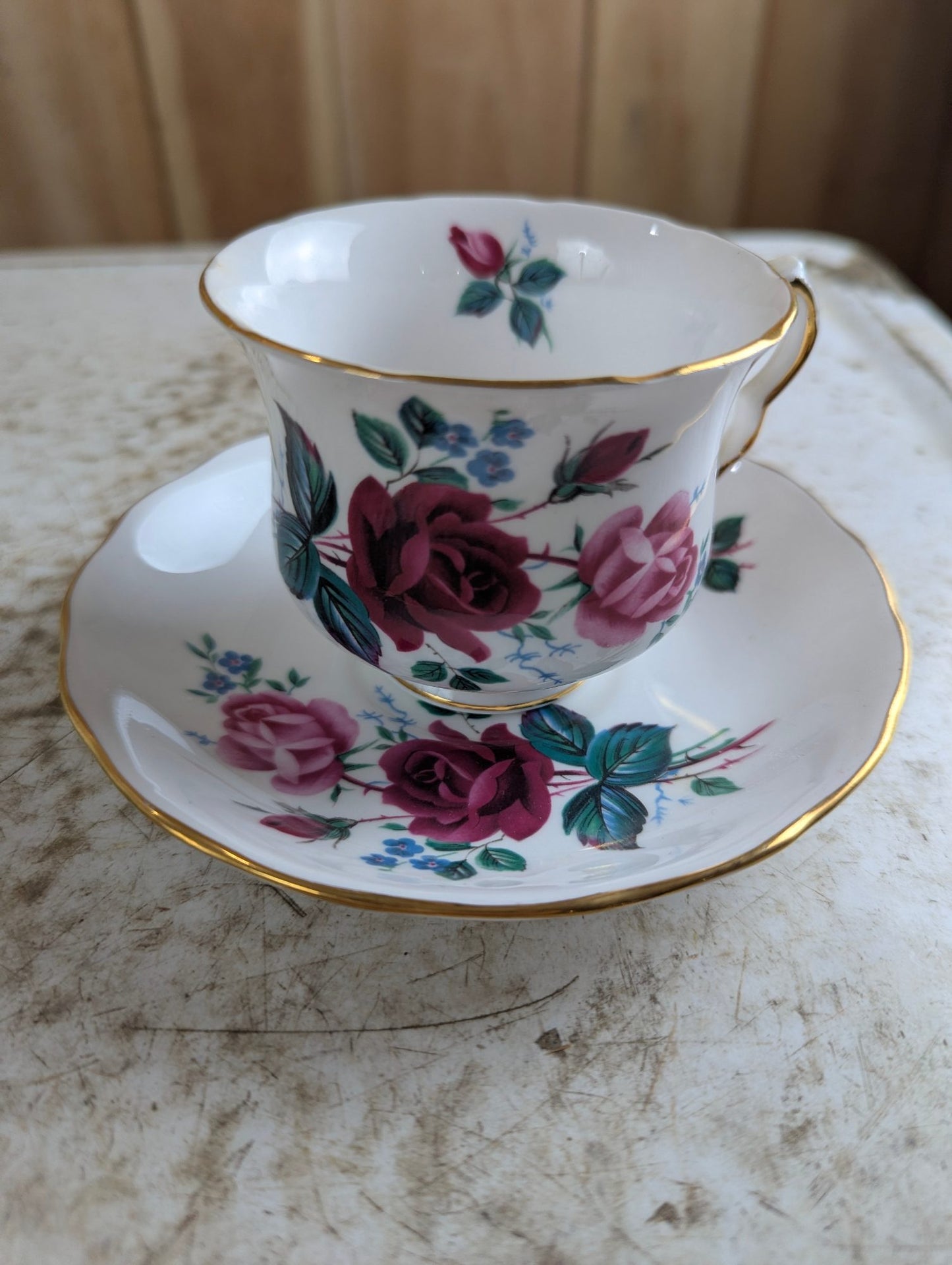 Vintage Queen Anne #8295 Bone China Roses Teacup and Saucer Set