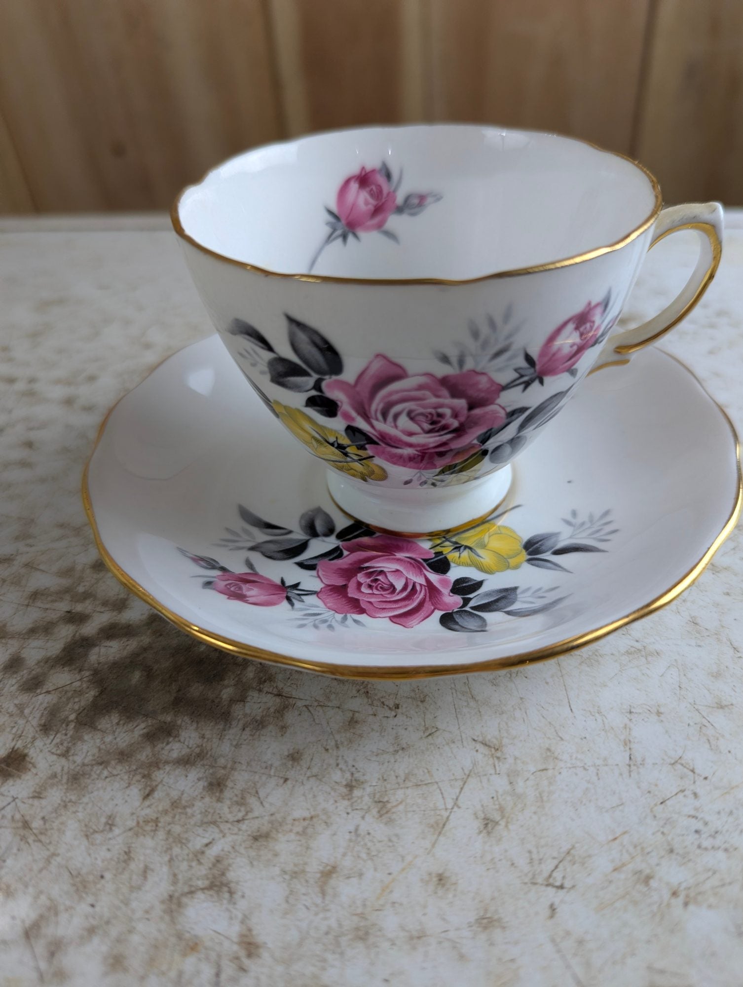 Vintage Royal Vale #7515 Bone China Pink and Yellow Rose Teacup and Saucer Set