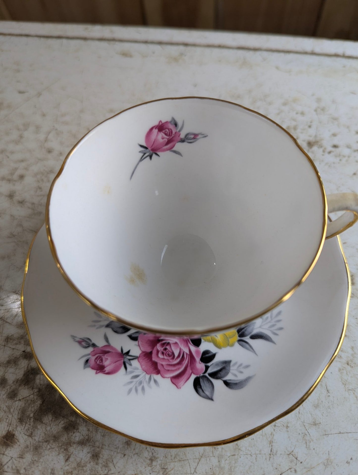 Vintage Royal Vale #7515 Bone China Pink and Yellow Rose Teacup and Saucer Set