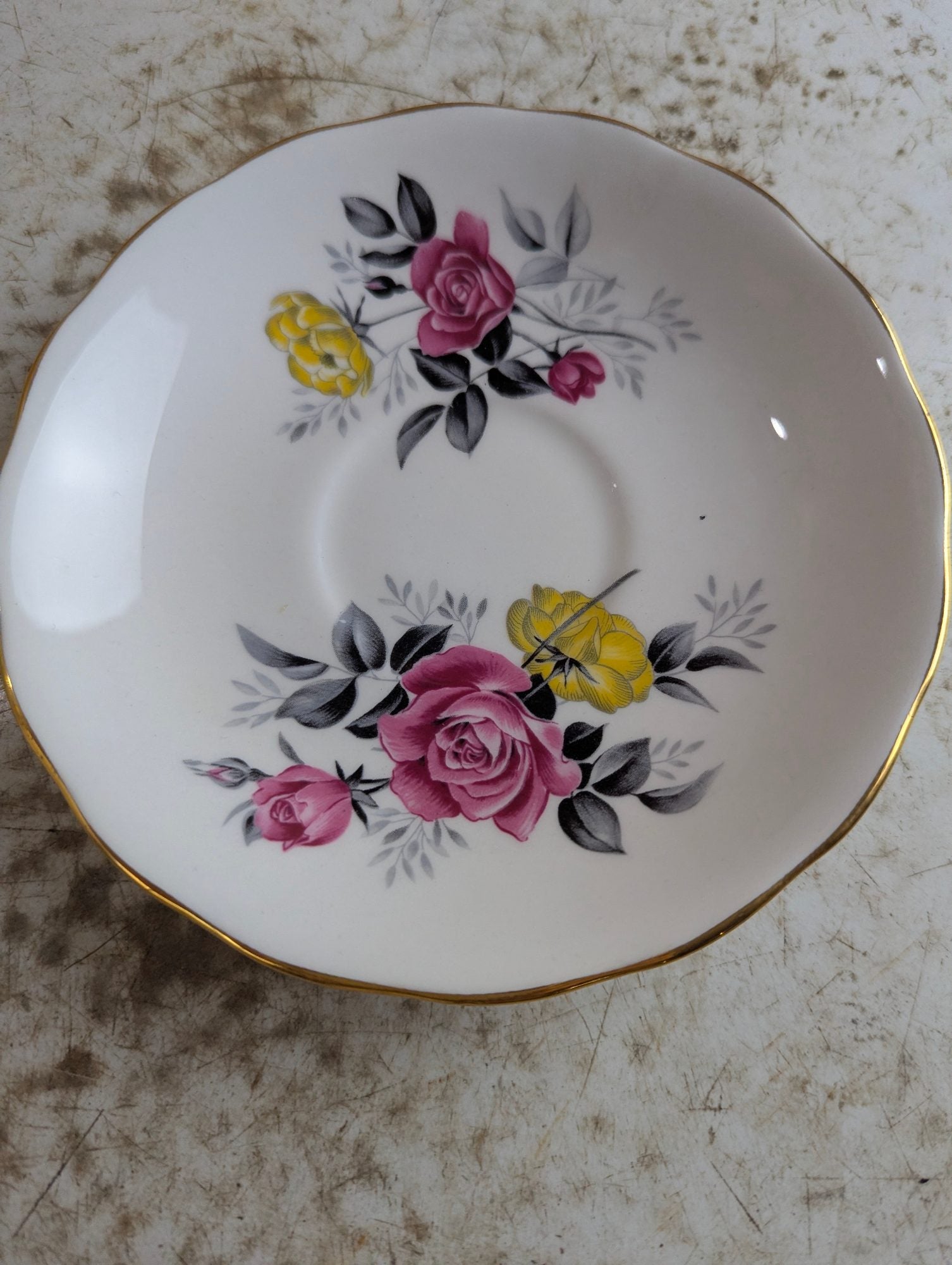 Vintage Royal Vale #7515 Bone China Pink and Yellow Rose Teacup and Saucer Set