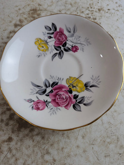 Vintage Royal Vale #7515 Bone China Pink and Yellow Rose Teacup and Saucer Set