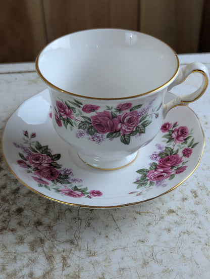 Vintage Queen Anne #8544 Bone China Pink Rose and Lilac Teacup and Saucer Set