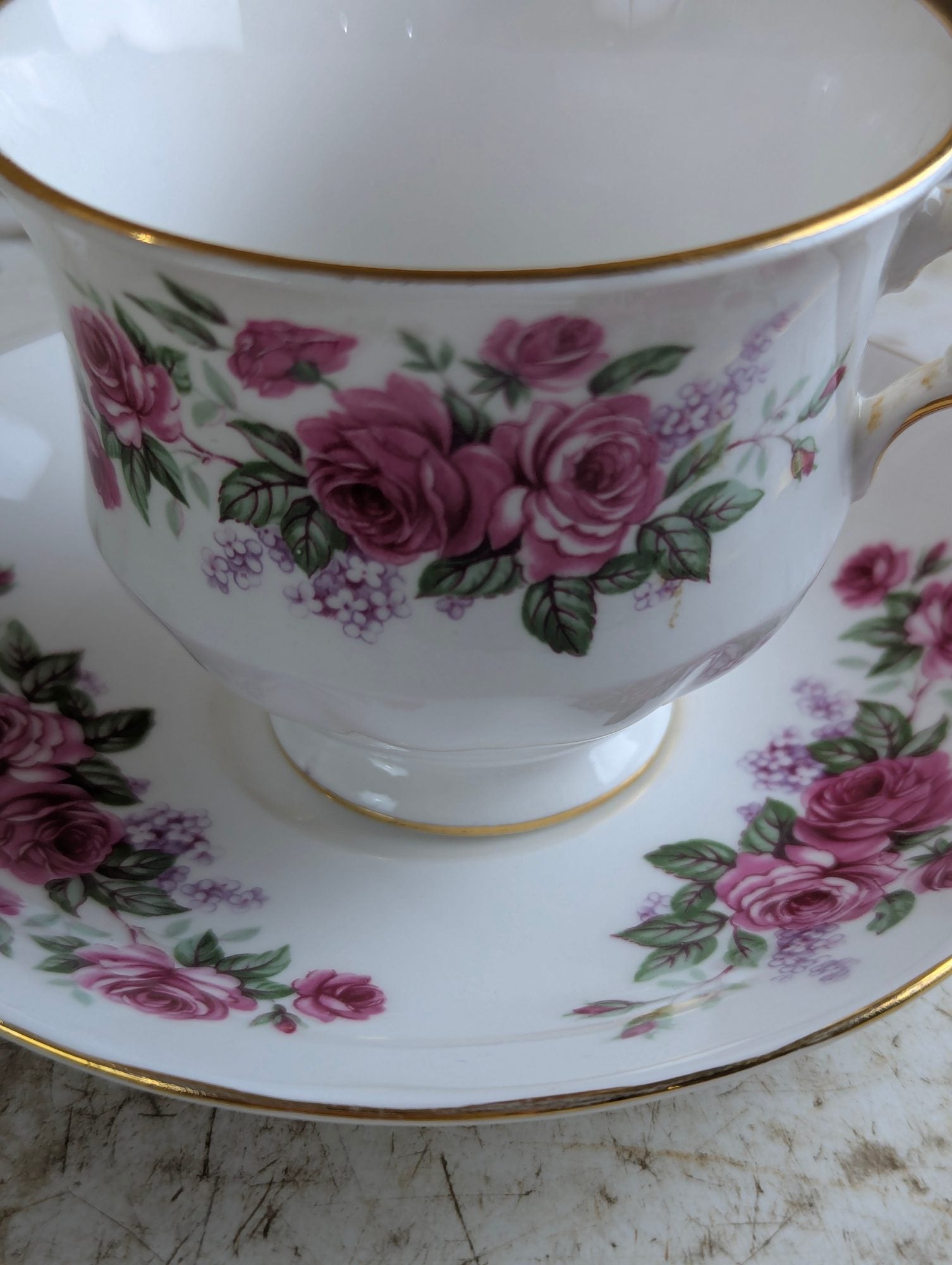 Vintage Queen Anne #8544 Bone China Pink Rose and Lilac Teacup and Saucer Set