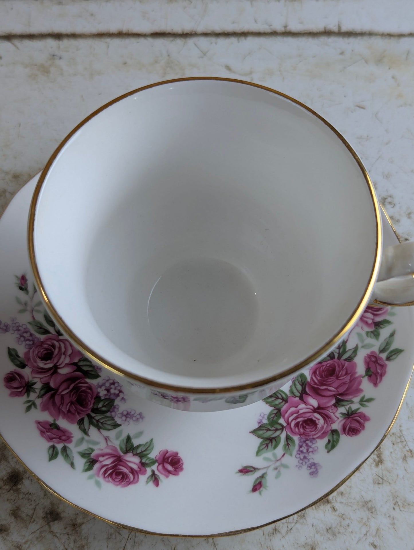 Vintage Queen Anne #8544 Bone China Pink Rose and Lilac Teacup and Saucer Set