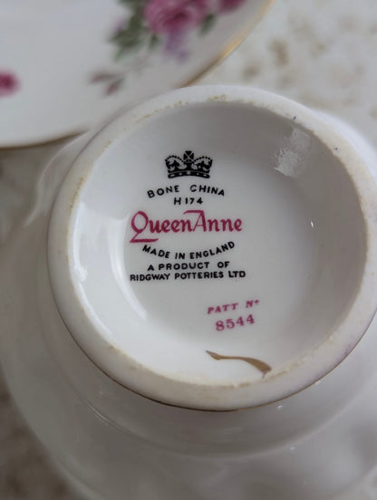Vintage Queen Anne #8544 Bone China Pink Rose and Lilac Teacup and Saucer Set