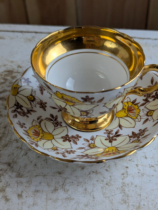 Vintage Rosina #4970 Bone China Gold Daffodil Teacup and Saucer Set