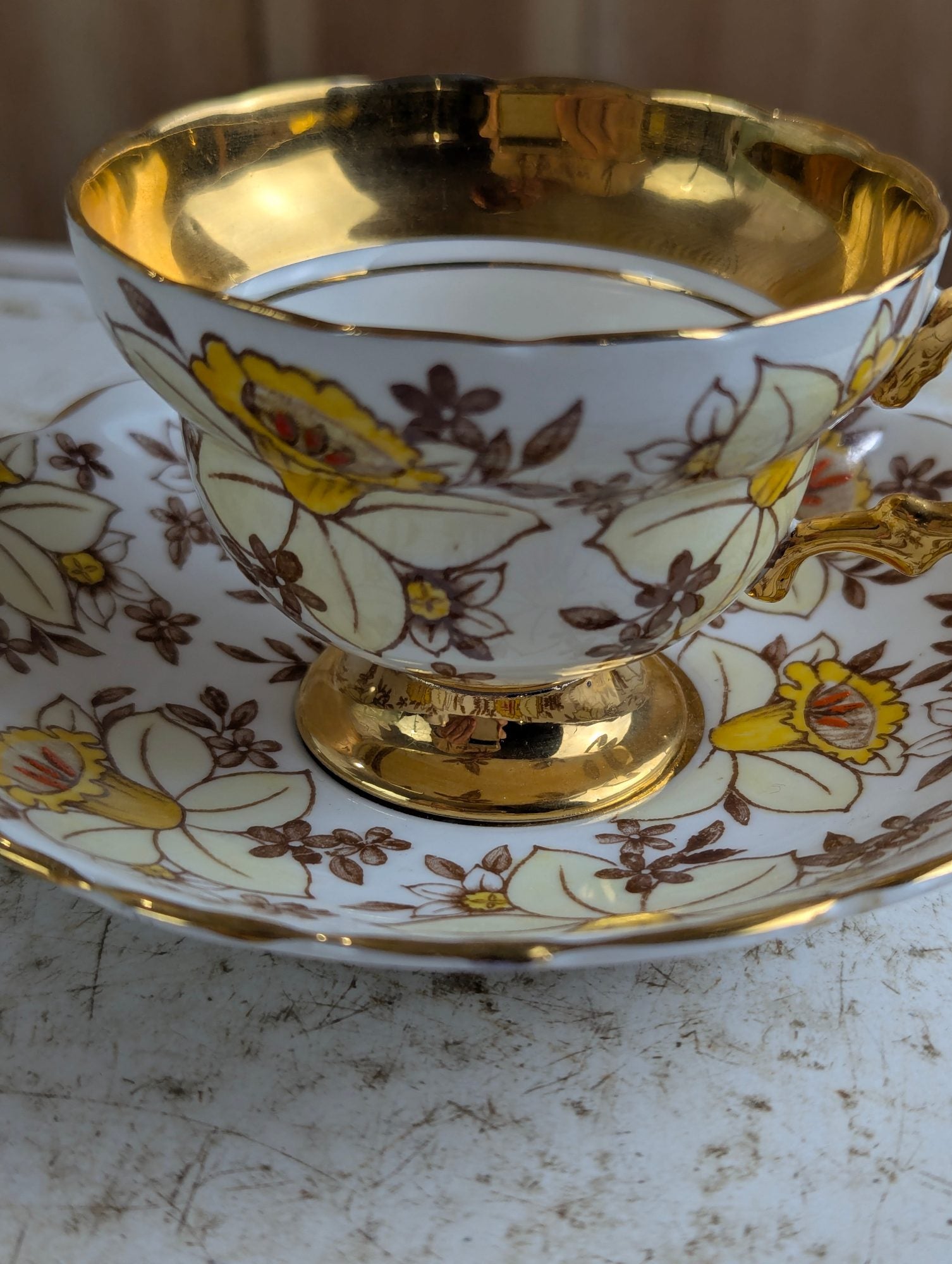 Vintage Rosina #4970 Bone China Gold Daffodil Teacup and Saucer Set