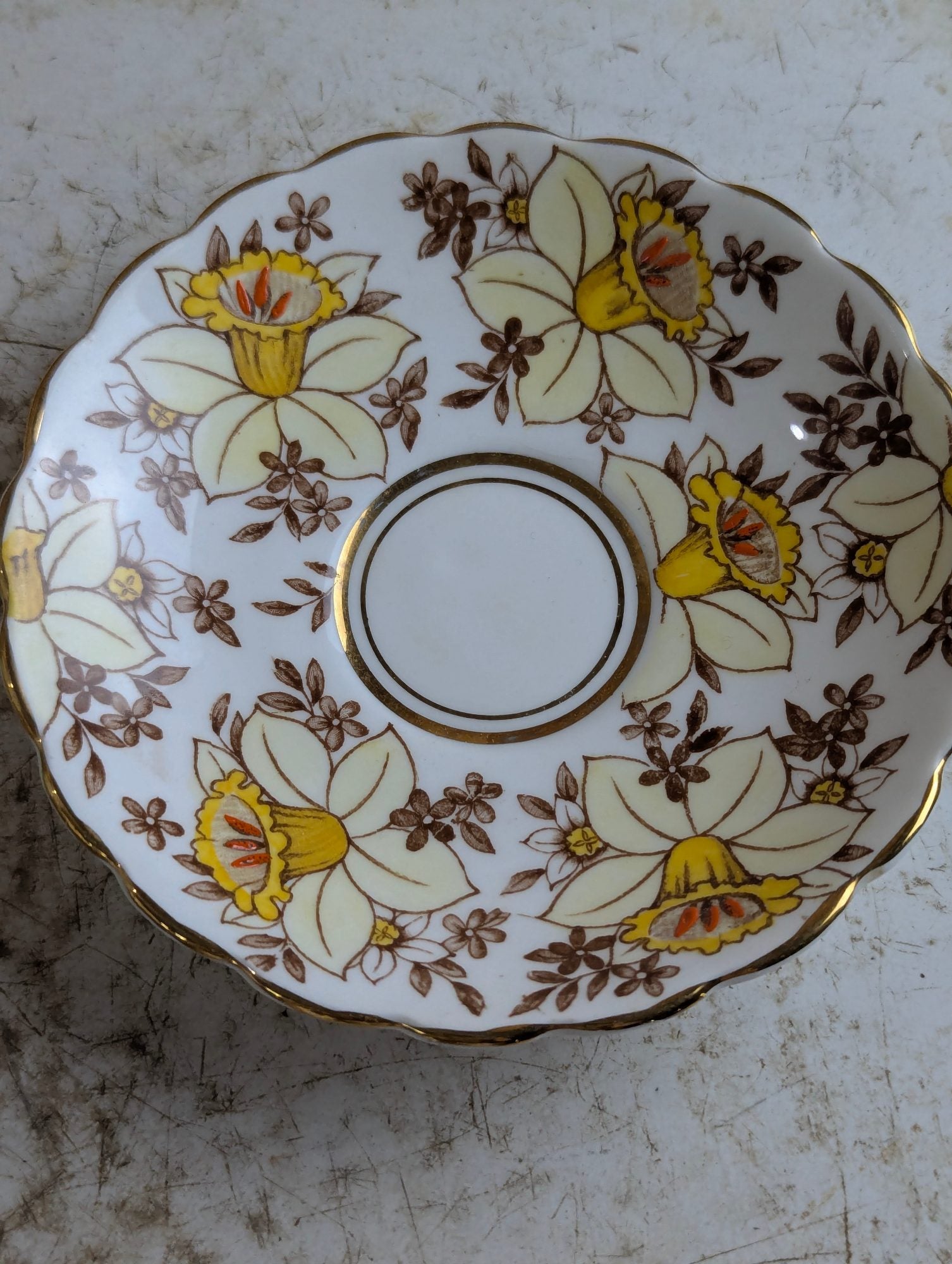 Vintage Rosina #4970 Bone China Gold Daffodil Teacup and Saucer Set