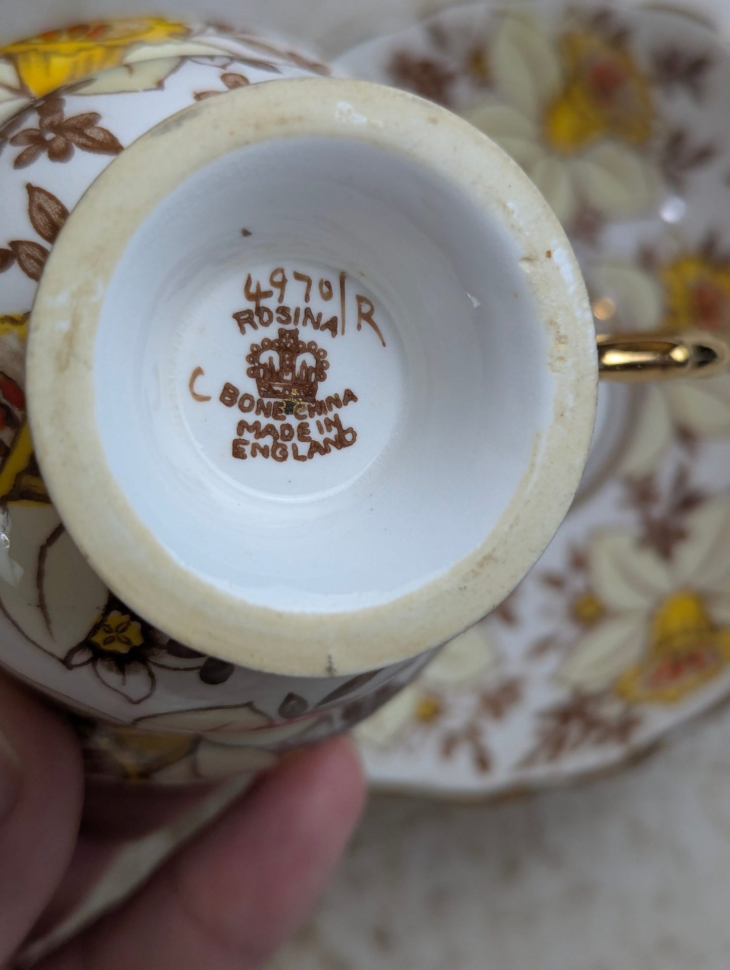 Vintage Rosina #4970 Bone China Gold Daffodil Teacup and Saucer Set
