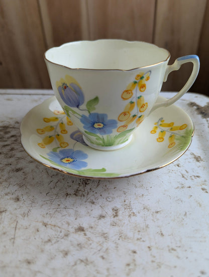 Vintage Hand-painted Bone China Morning Glory Teacup and Saucer Set