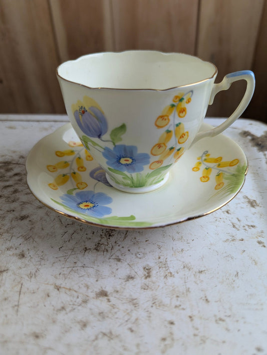 Vintage Hand-painted Bone China Morning Glory Teacup and Saucer Set