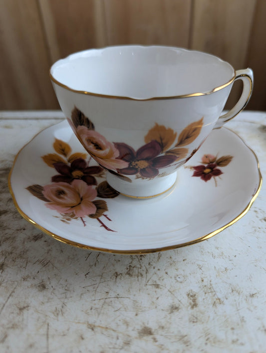 Vintage Queen Anne #8284 Bone China Pink and Brown Teacup and Saucer Set