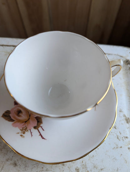 Vintage Queen Anne #8284 Bone China Pink and Brown Teacup and Saucer Set