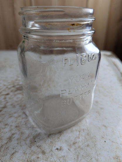 Vintage 16 Oz York Peanut Butter Embossed Clear Glass Jar