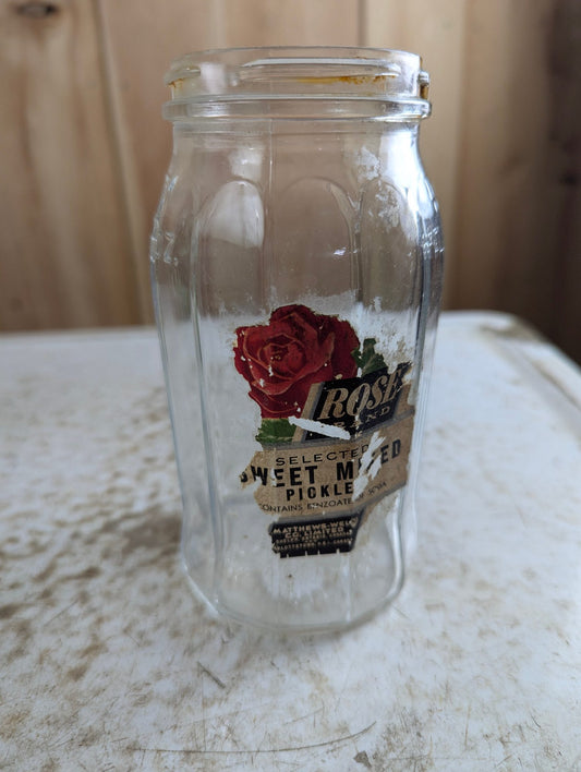 1940s 16 oz Rose Brand Sweet Mix Pickles Jar