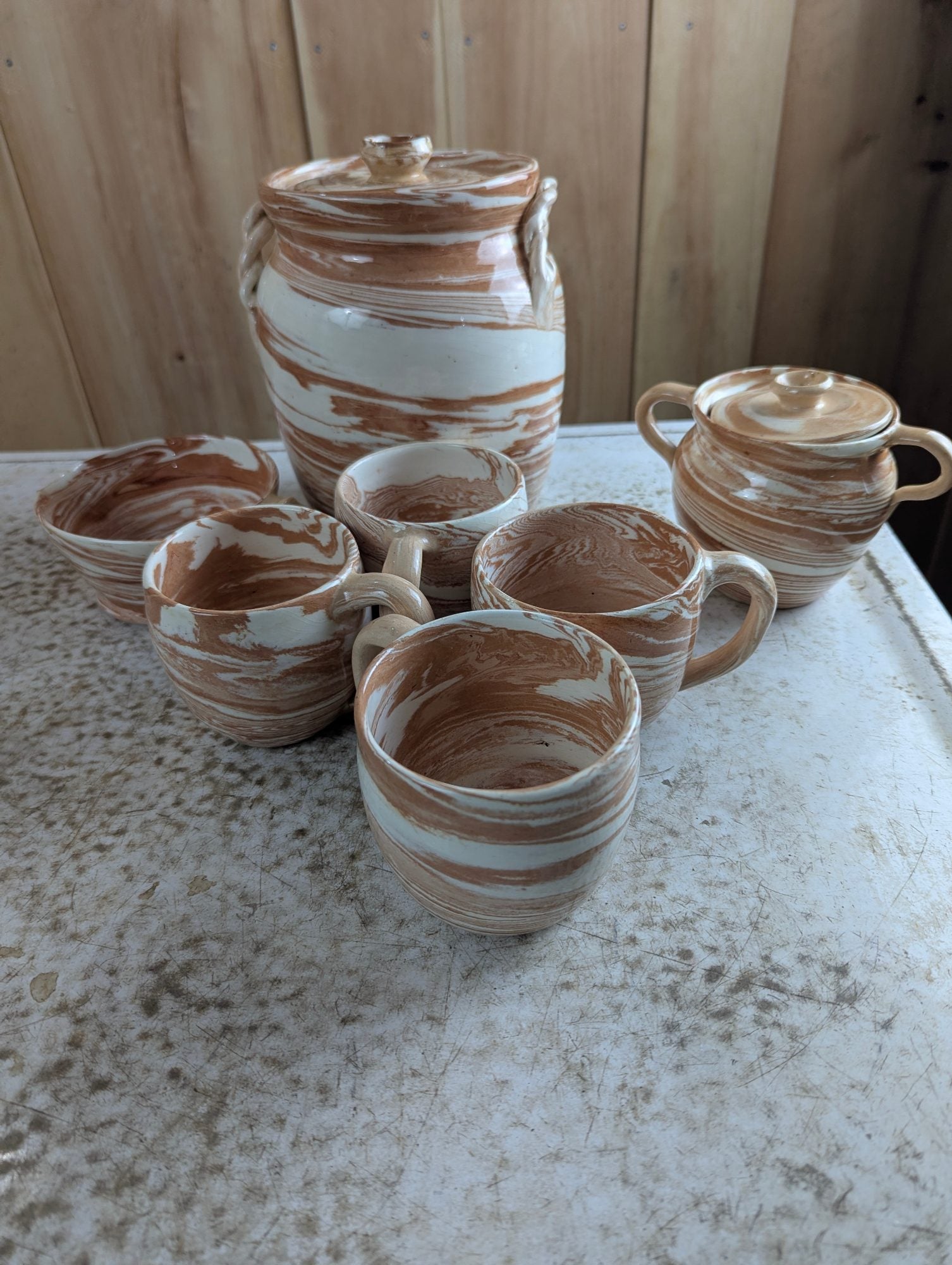 1960s Agateware 7-Piece Studio Pottery Set
