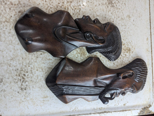 Pair of Mid-Century Hand-Carved African Hardwood Wall Profile Sculptures