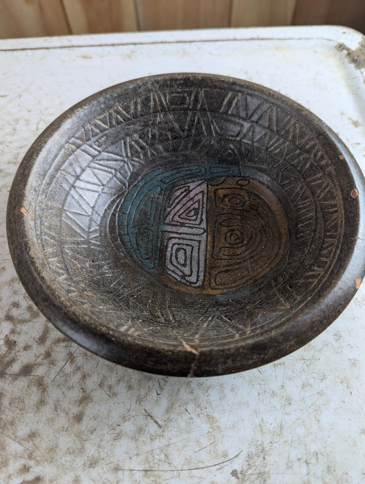 Vintage Handmade French Studio Pottery Bowl with Geometric Design
