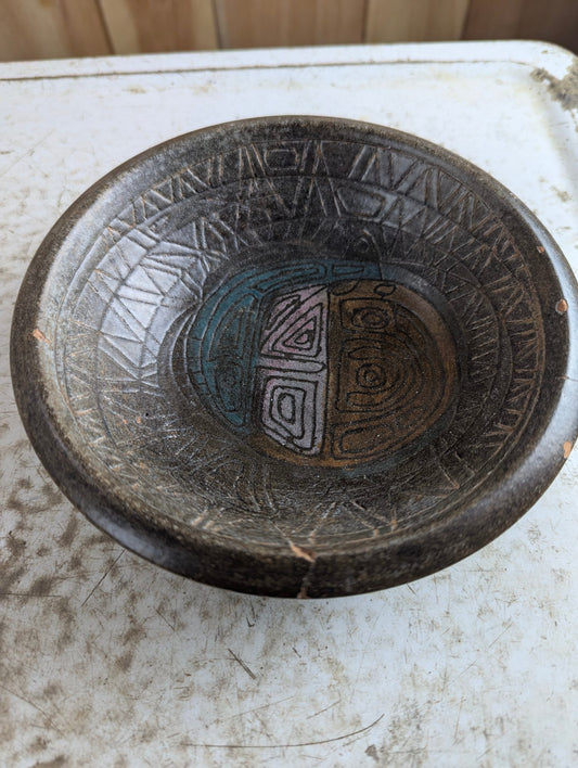 Vintage Handmade French Studio Pottery Bowl with Geometric Design