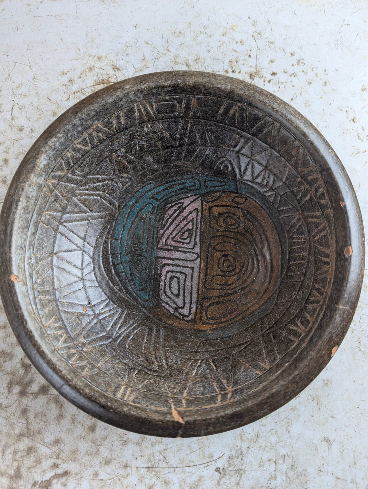 Vintage Handmade French Studio Pottery Bowl with Geometric Design