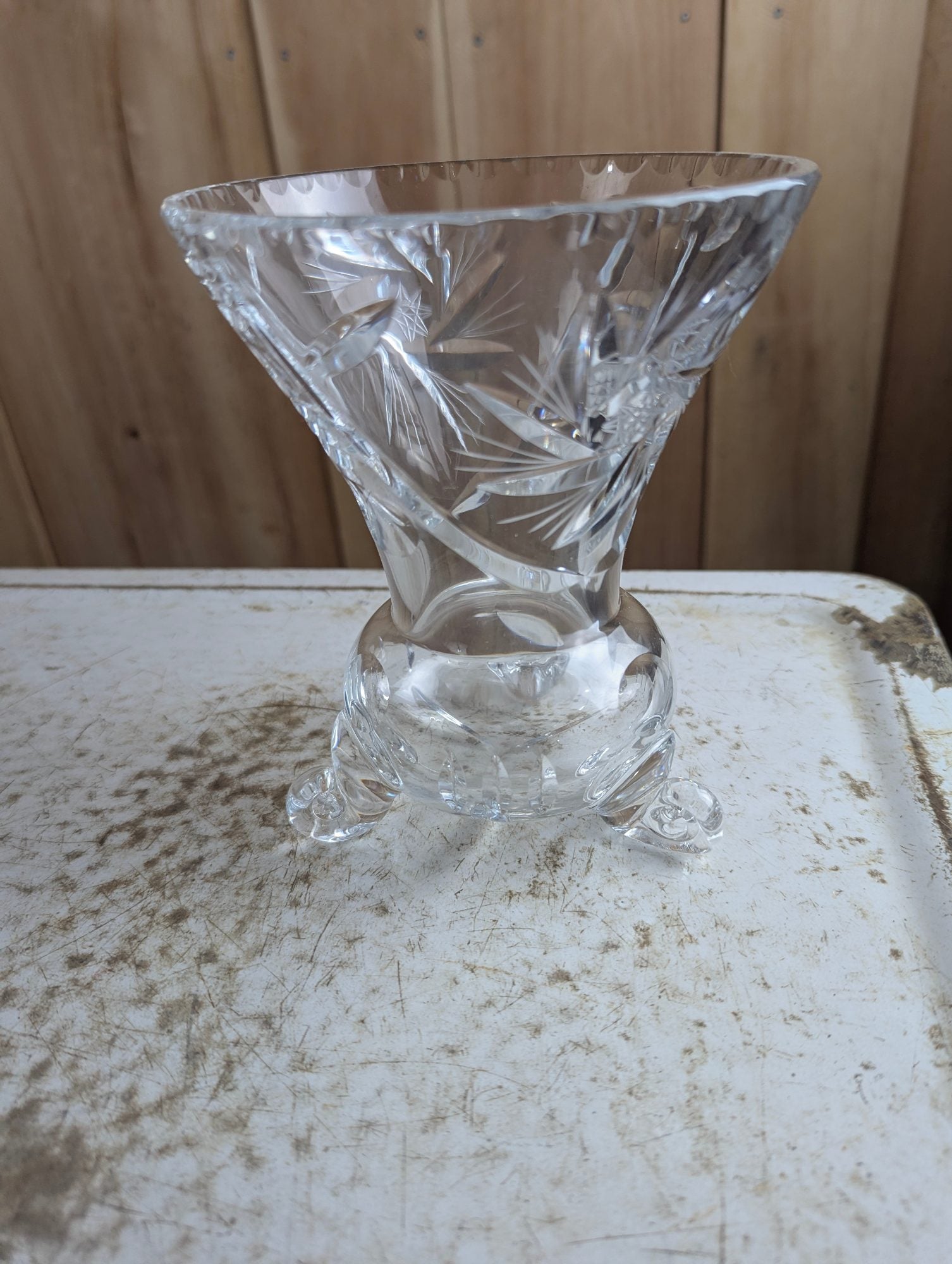 Vintage Bohemian Cut Crystal Tripod Vase - Crack on Rim