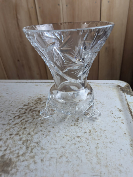 Vintage Bohemian Cut Crystal Tripod Vase - Crack on Rim