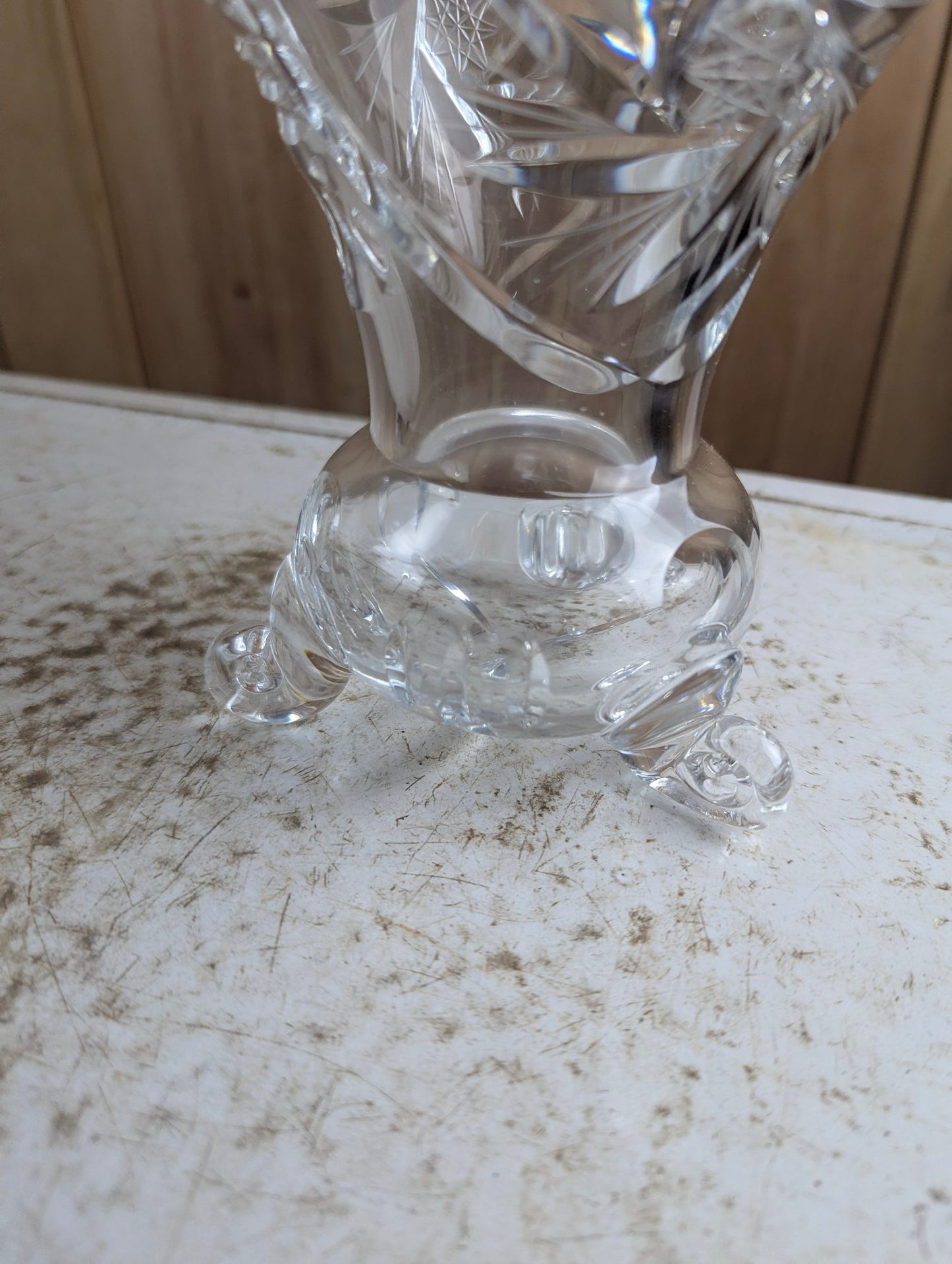 Vintage Bohemian Cut Crystal Tripod Vase - Crack on Rim
