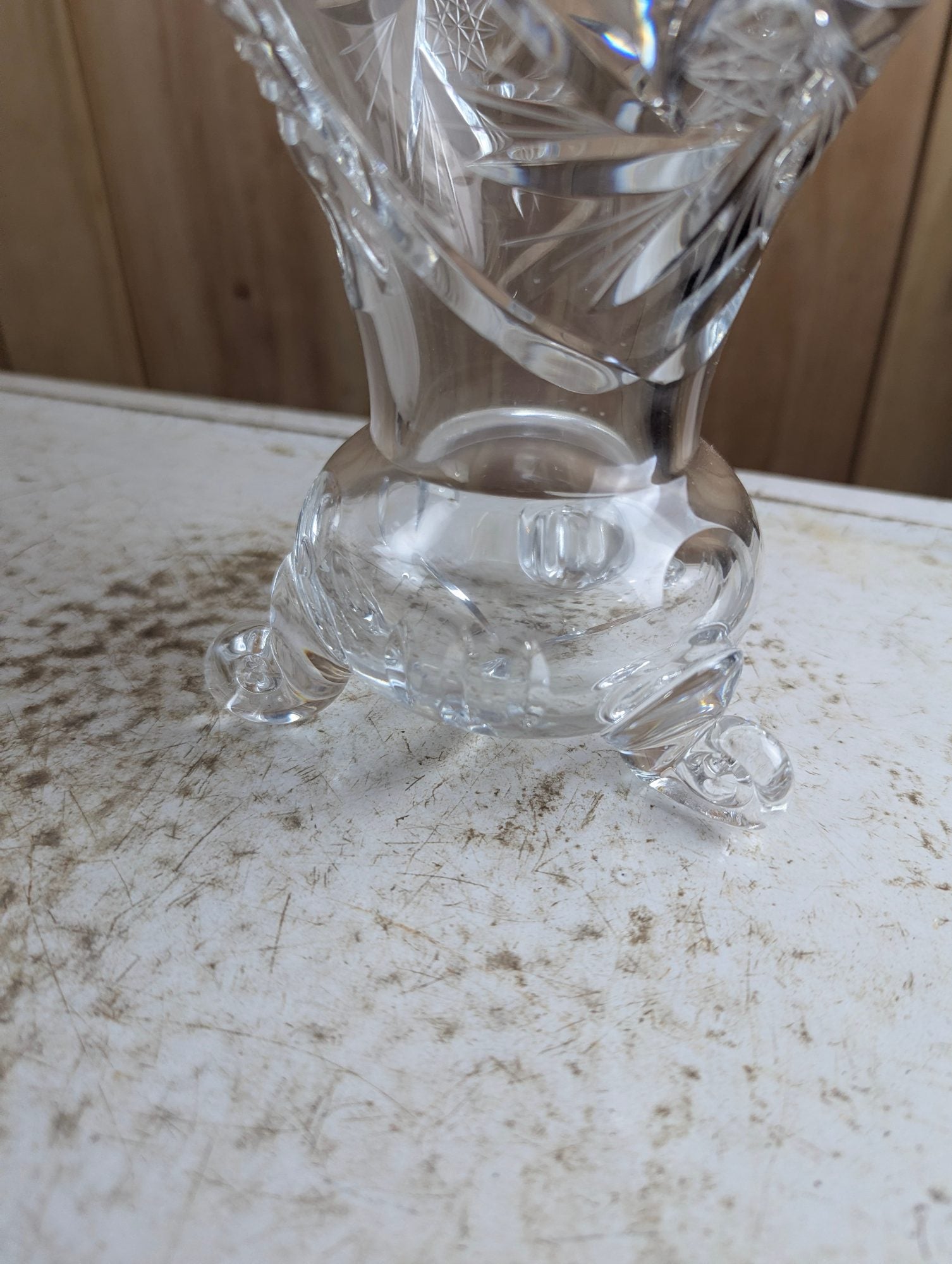 Vintage Bohemian Cut Crystal Tripod Vase - Crack on Rim