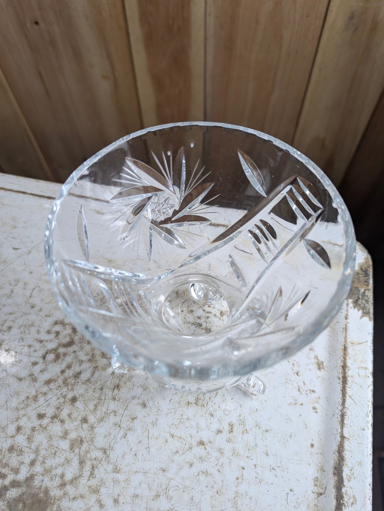 Vintage Bohemian Cut Crystal Tripod Vase - Crack on Rim
